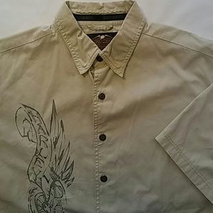 Harley Davidson Men L Tan Embroidered Button Shirt